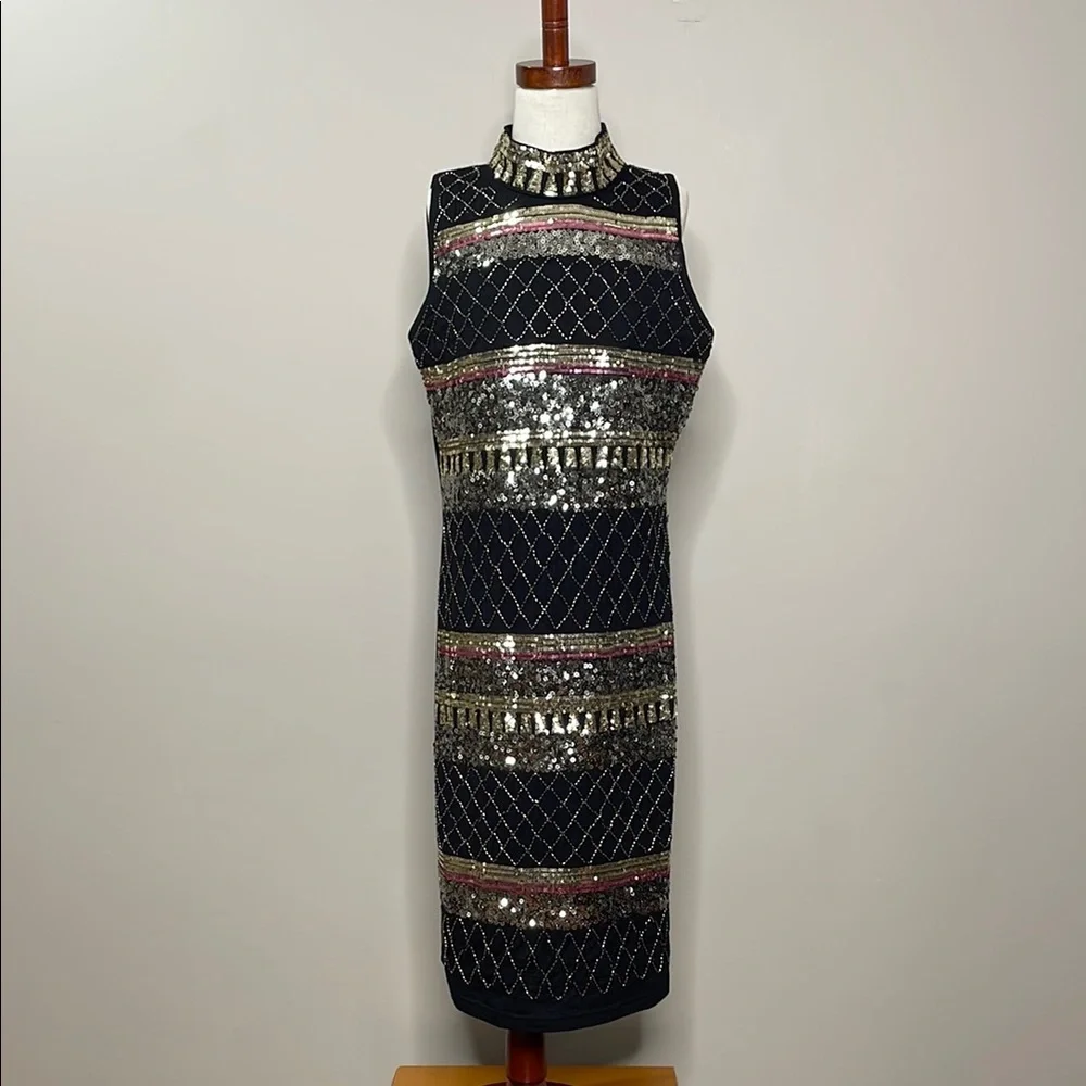Suzy Sheer Black and Gold Embellished Sequin Cocktail Dress Size Small - Picture 1 of 10